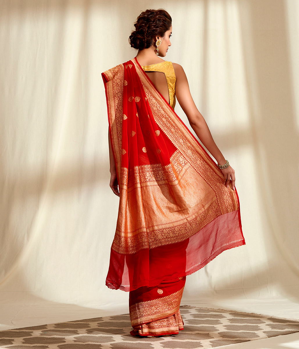 Handwoven_Banarasi_Georgette_Saree_in_Red_with_Kadhwa_Booti_WeaverStory_03