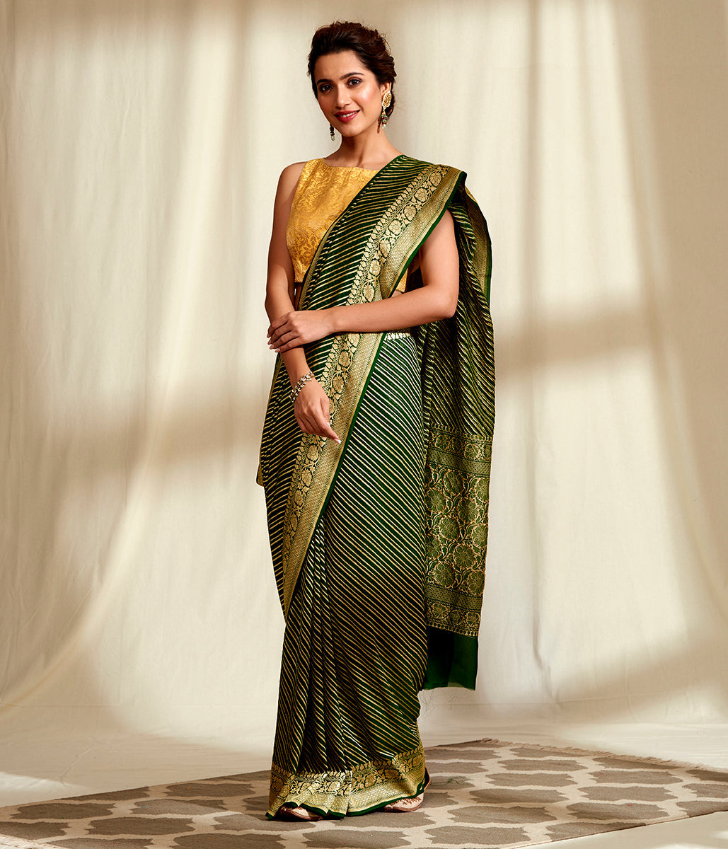 Handwoven_Banarasi_Georgette_Saree_in_Dark_Green_with_Diagonal_Weave_WeaverStory_02