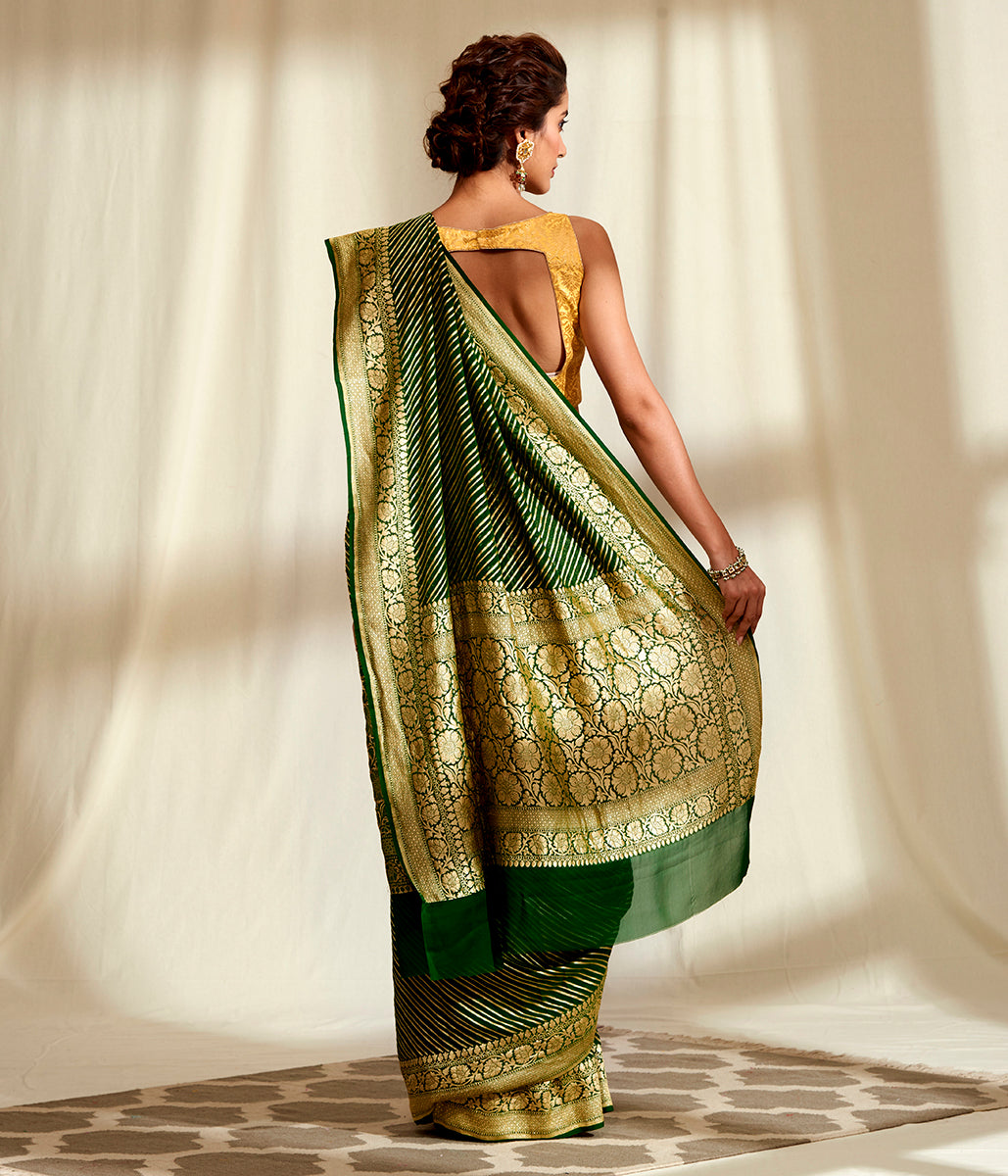 Handwoven_Banarasi_Georgette_Saree_in_Dark_Green_with_Diagonal_Weave_WeaverStory_03