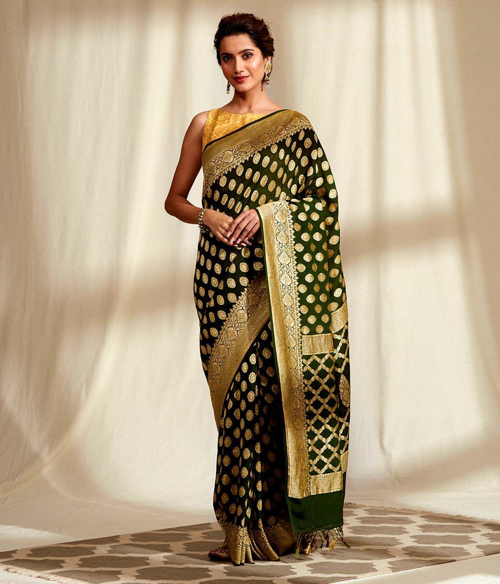 Handwoven_Banarasi_Georgette_Saree_in_Dark_Green_WeaverStory_02