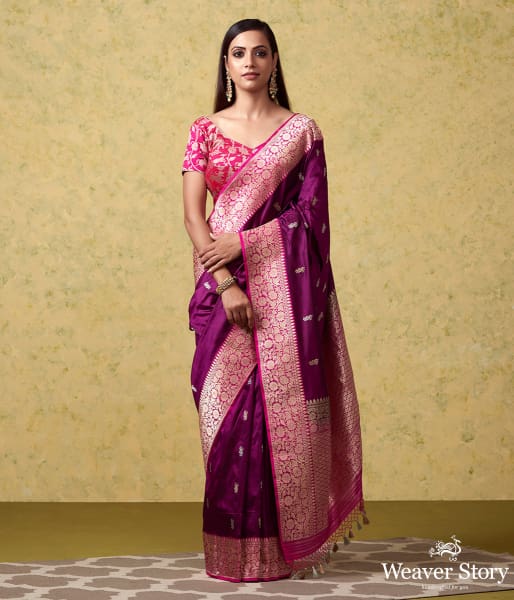 Handwoven_Purple_Katan_Silk_Banarasi_with_Kadhwa_Booti_and_Pink_Floral_Border_WeaverStory_02