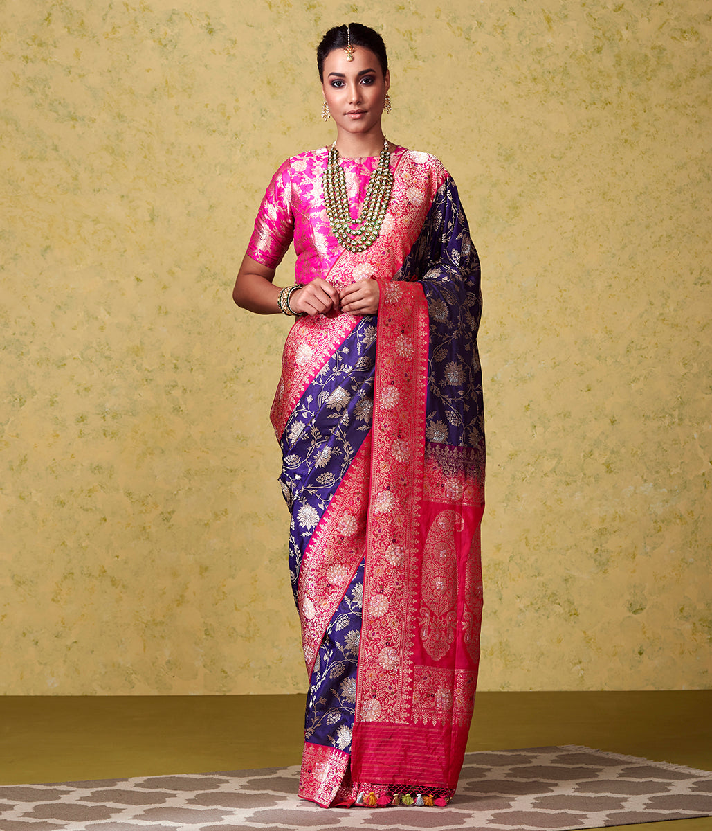 Handwoven_Royal_Blue_Banarasi_Jangla_with_Bright_Pink_Border_and_Pallu_WeaverStory_02