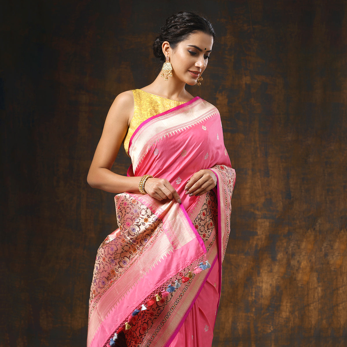 Handloom_Pink_Kadhwa_Booti_with_Gold_Zari_and_Meenakari_Border_WeaverStory_01