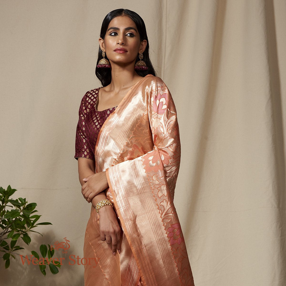 Handwoven_Peach_Floral_Zari_Jaal_Saree_with_Meenakari_WeaverStory_01