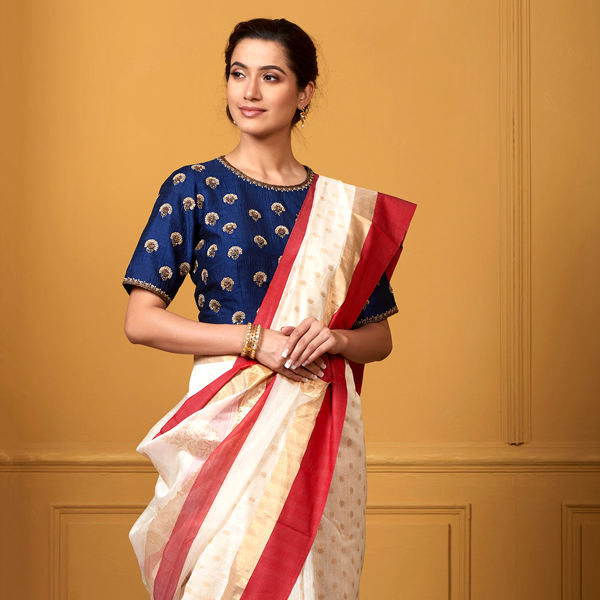 Handwoven_White_Chanderi_Saree_with_Gold_Boota_and_Red_Border_WeaverStory_01