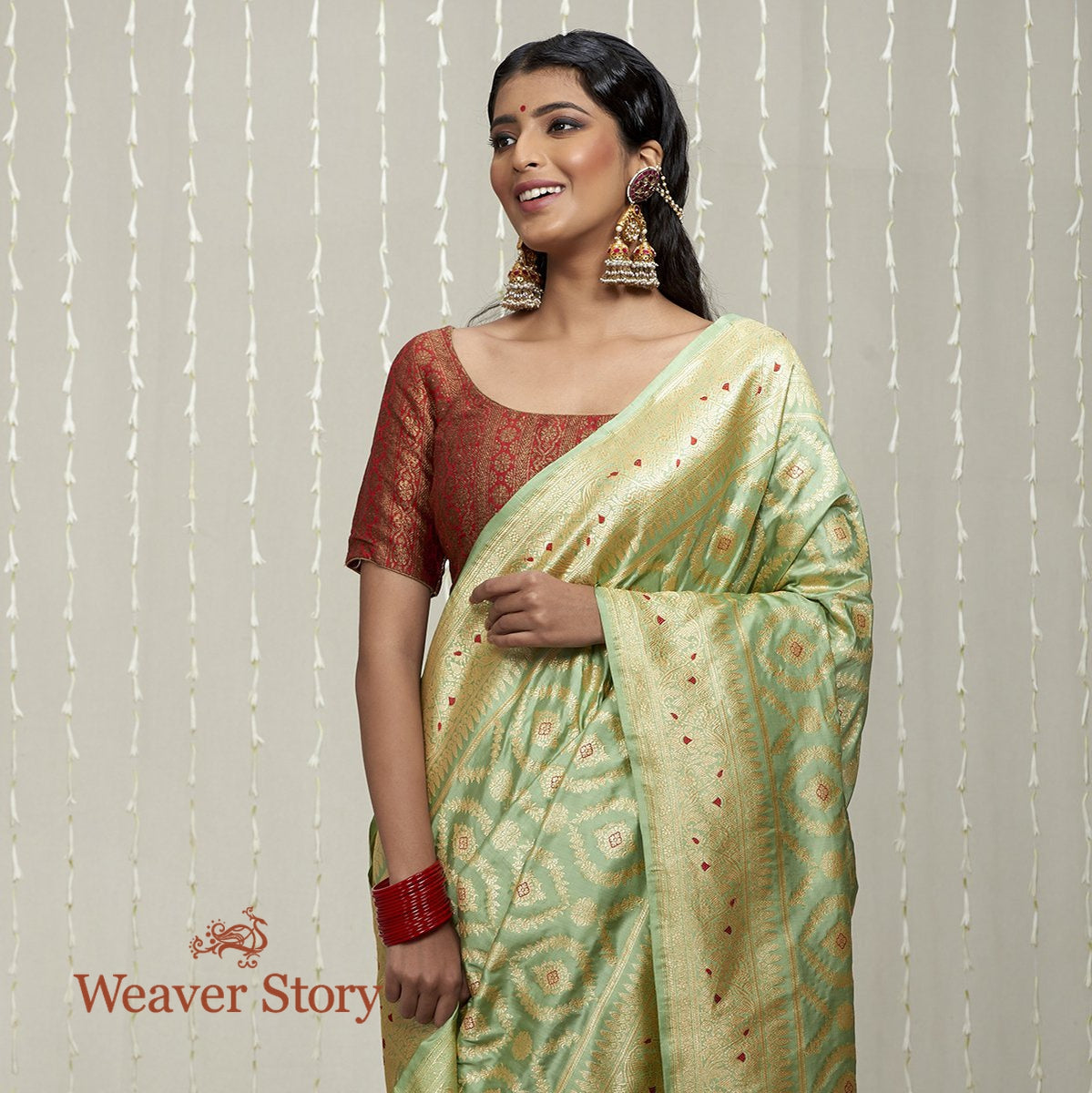 Handloom_Pista_Green_Jangla_Saree_with_Meenakari_WeaverStory_01