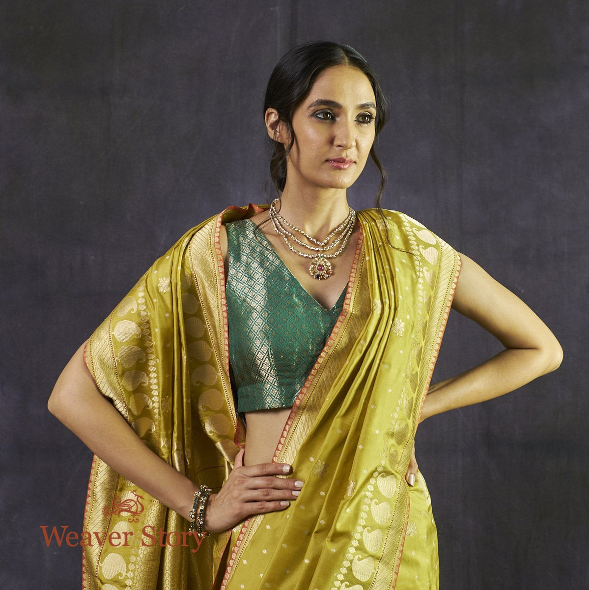 Handwoven_Lime_Green_Kadhwa_Floral_Boota_Saree_with_Paisley_Border_WeaverStory_01
