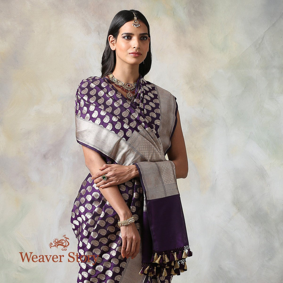 Handwoven_Dark_Purple_Cutwork_Booti_Banarasi_Saree_WeaverStory_01