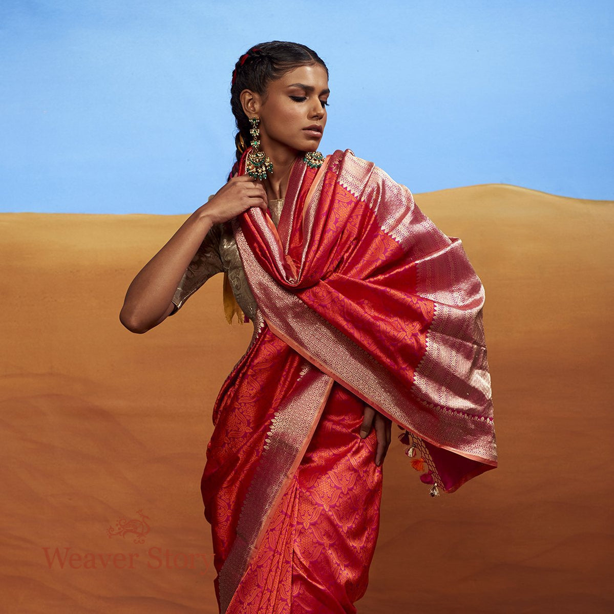 Handwoven_Pink_and_Orange_Tanchoi_with_Floral_Motifs_WeaverStory_01