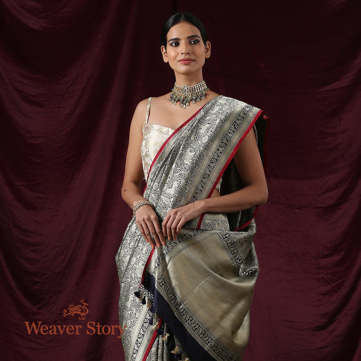 Handwoven_Blue_Kimkhab_Shikargah_Saree_WeaverStory_01