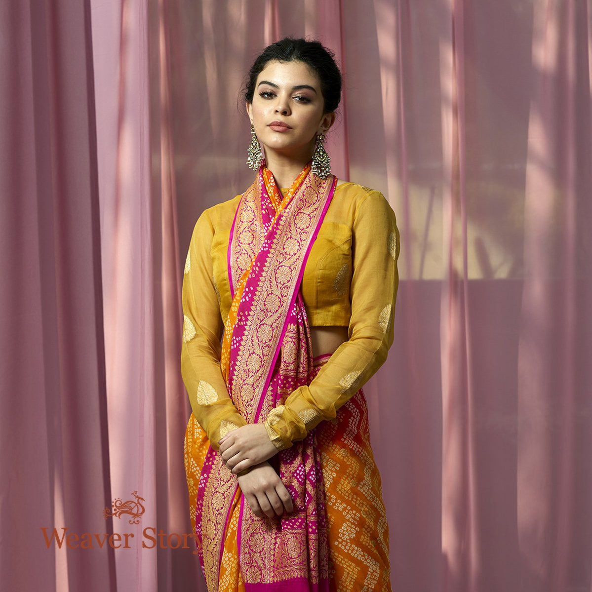 Handwoven_Yellow_Kadhwa_Bandhej_Saree_with_Pink_Border_WeaverStory_01