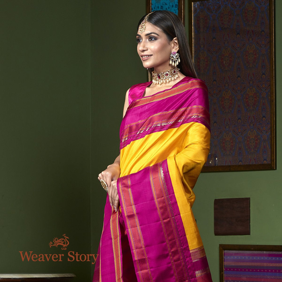 Handwoven_Mustard_Kanjivaram_Saree_with_Majenta_Border_WeaverStory_01