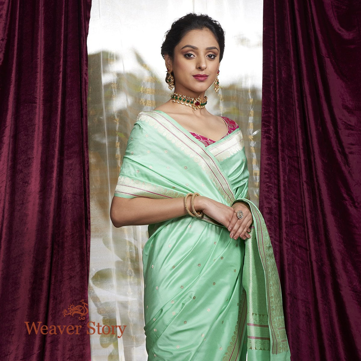 Handwoven_Light_Green_Kadhwa_Booti_Saree_WeaverStory_01