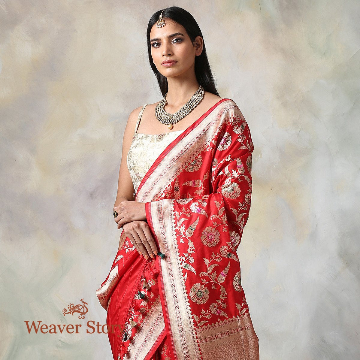 Handwoven_Red_Cutwork_Meenakari_Jangla_Saree_WeaverStory_01