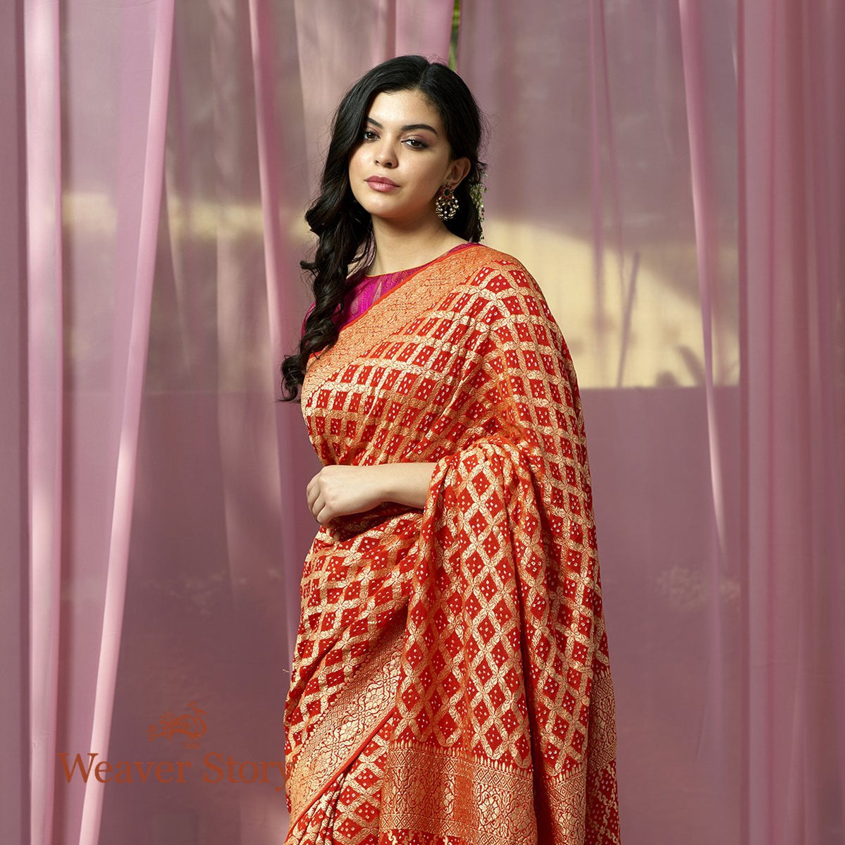 Handwoven_Orange_Banarasi_Bandhej_Saree_WeaverStory_01