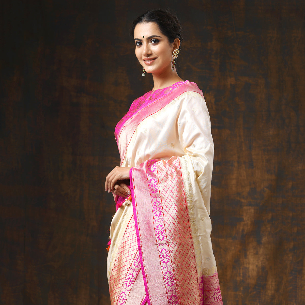 Pink and clearance off white saree