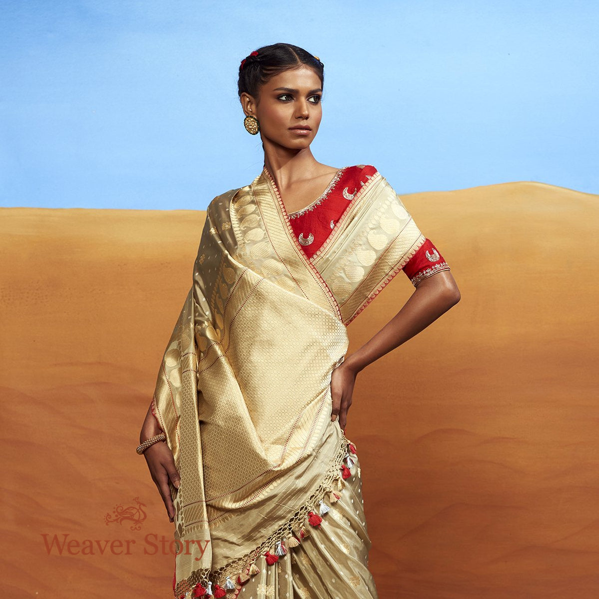 Handloom_Beige_Banarasi_Saree_with_Paisley_Border_WeaverStory_01