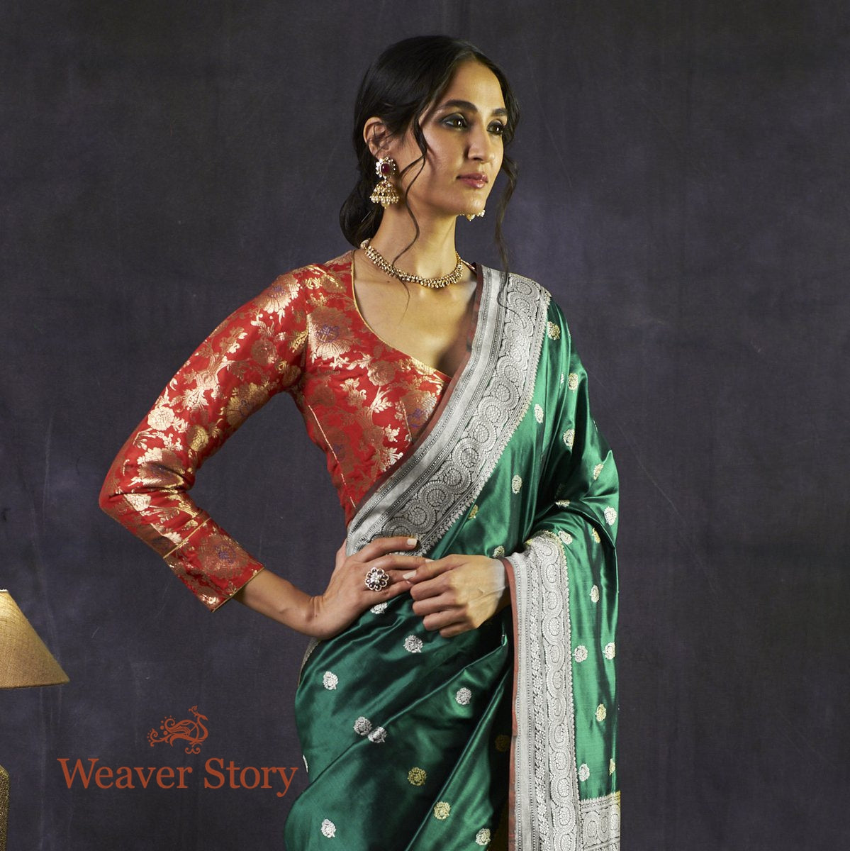 Handwoven_Green_Kadhwa_Booti_Saree_WeaverStory_01