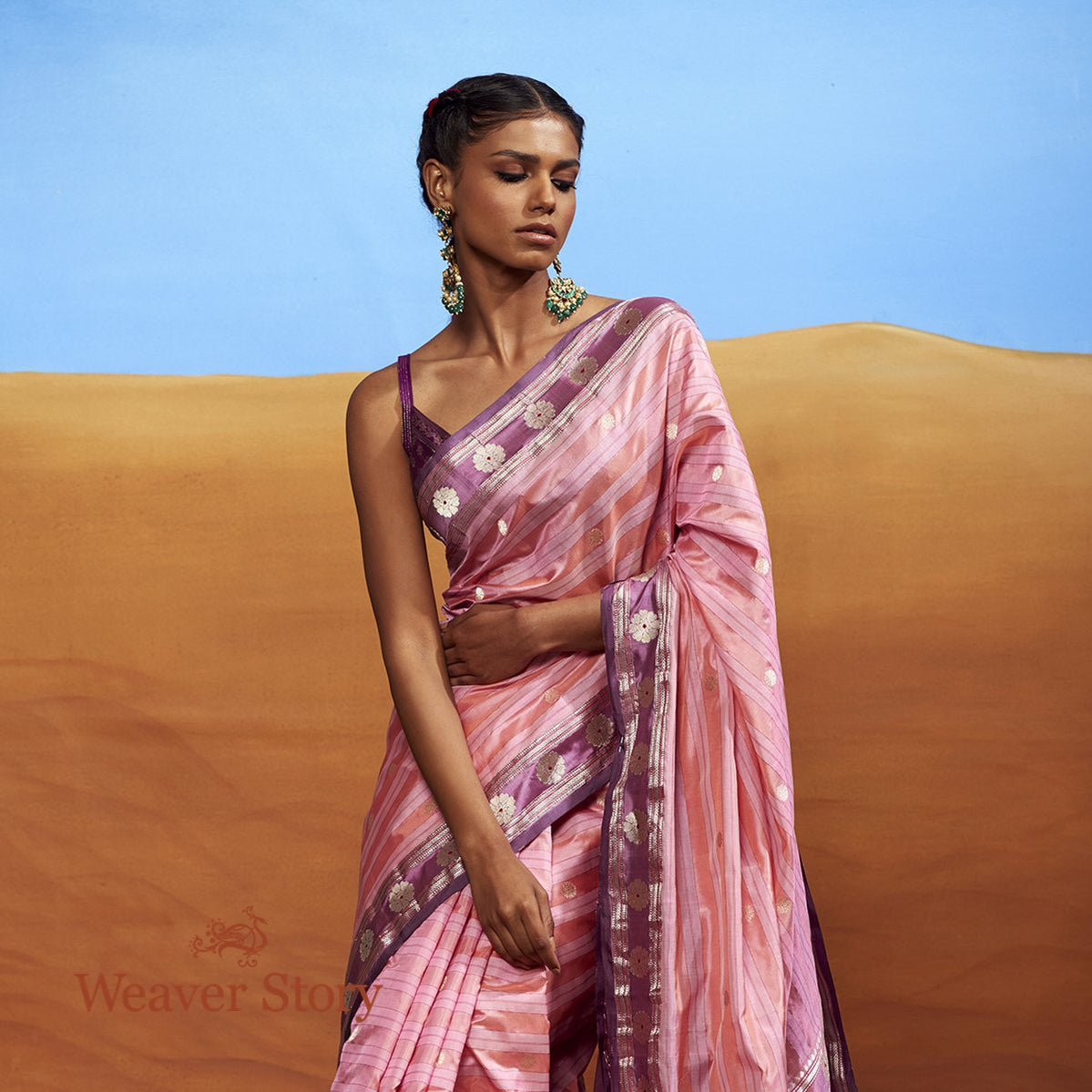 Handwoven_Pink_Katan_Silk_Saree_with_Stripes_WeaverStory_01
