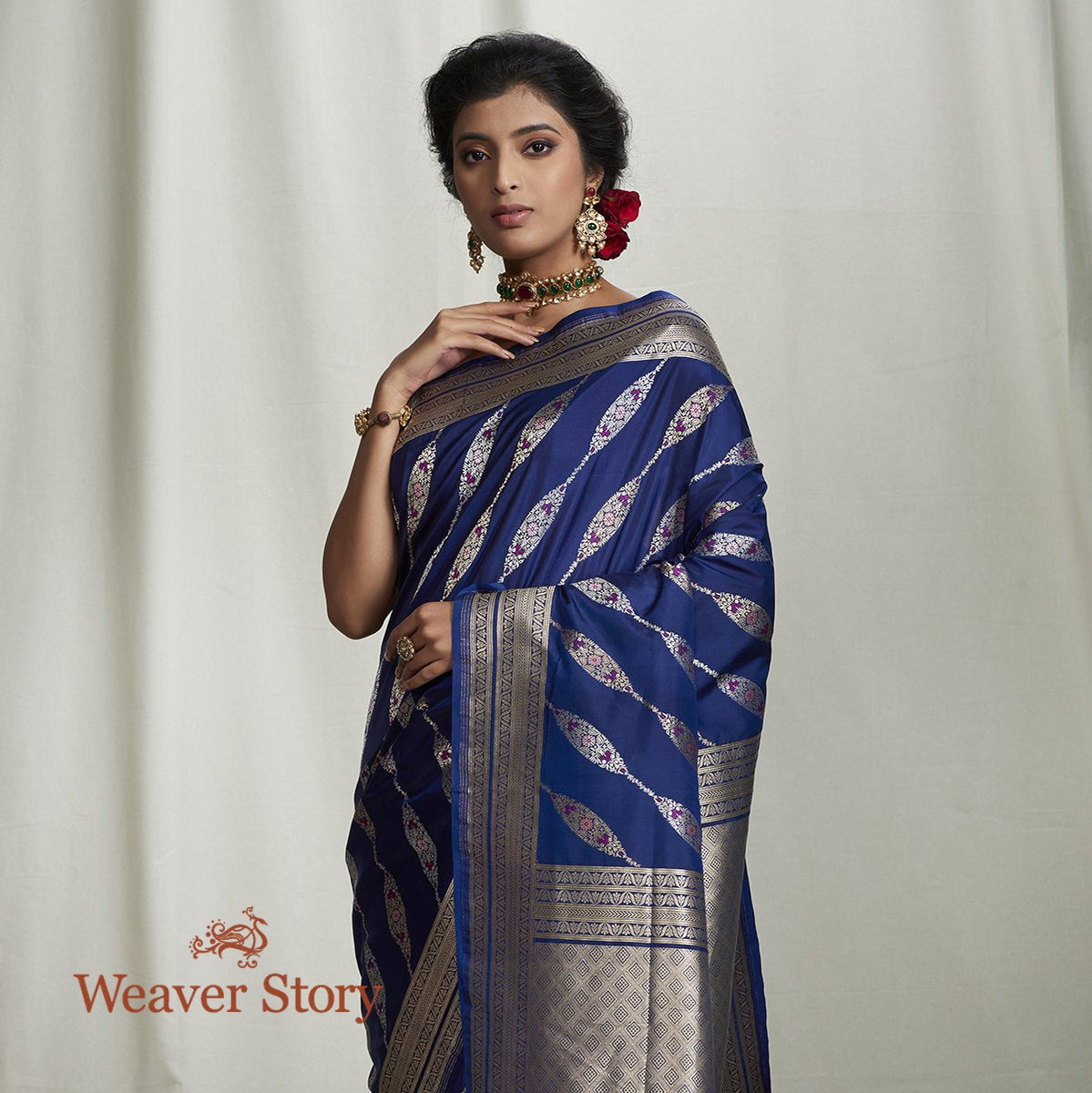 Handwoven_Blue_Banarasi_Saree_with_Diagonal_Meenakari_Bel_WeaverStory_01