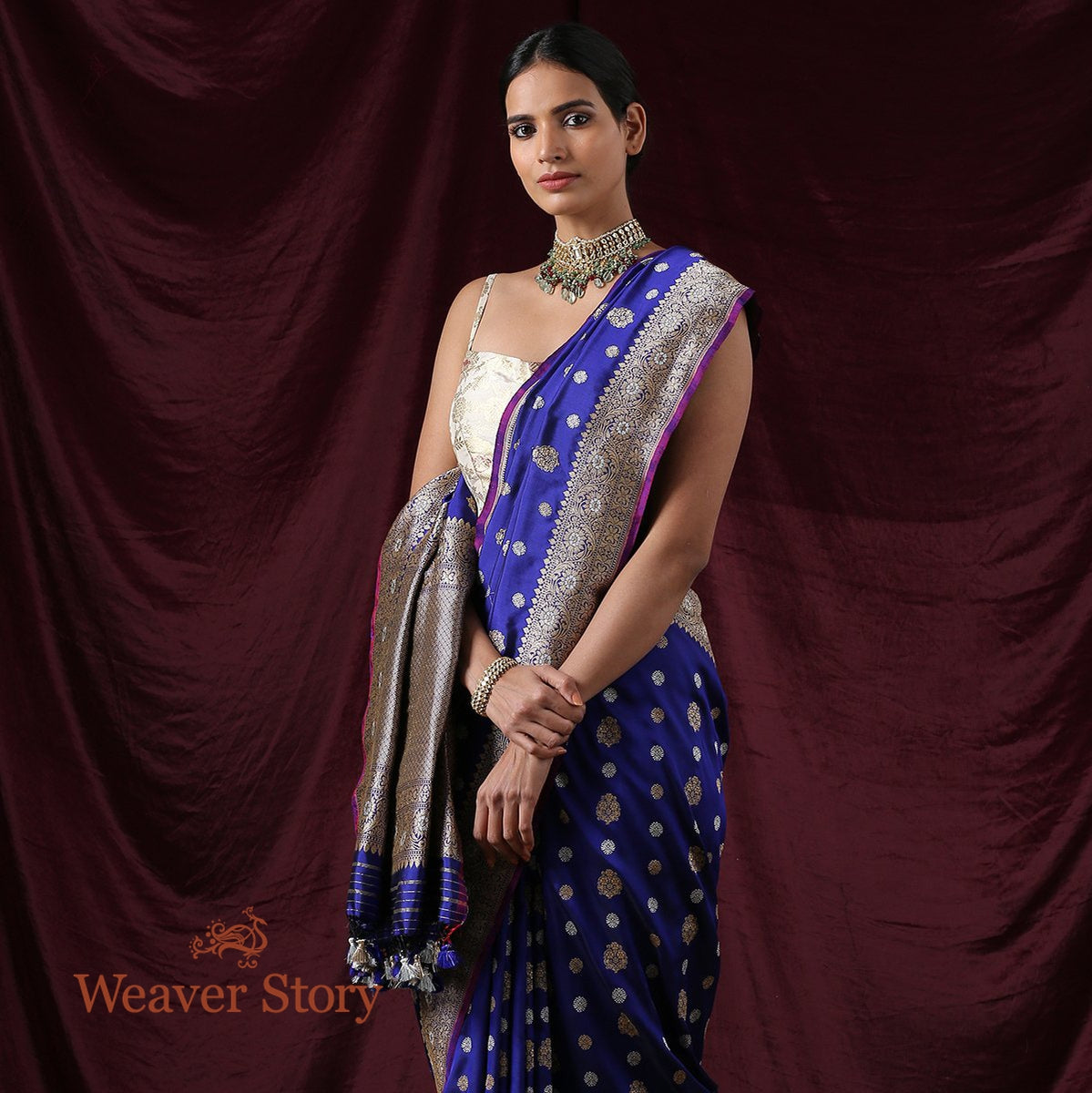 Handwoven_Blue_Kadhwa_Booti_Banarasi_Saree_WeaverStory_01