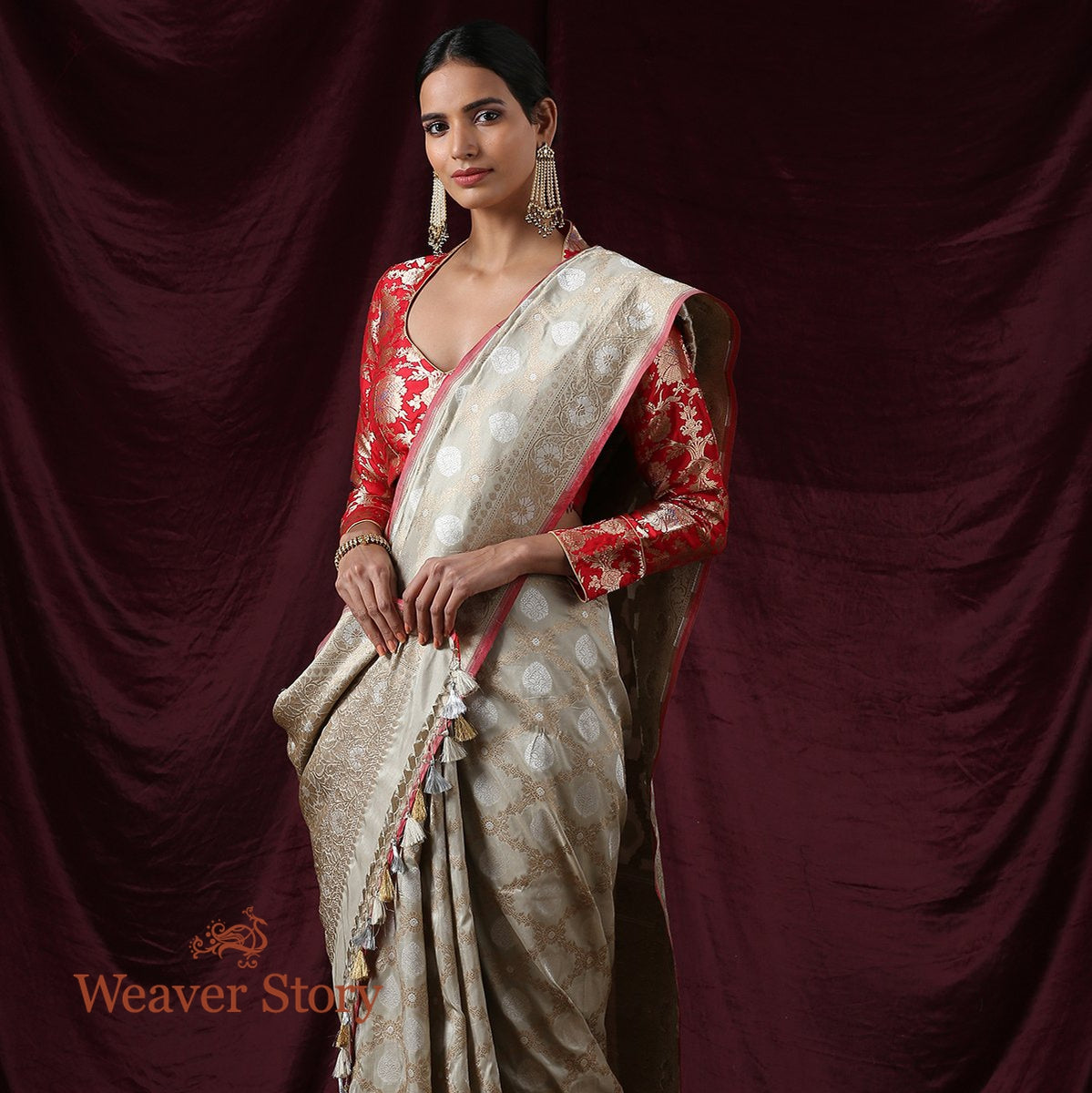 Handwoven_Beige_and_Grey_Banarasi_Saree_with_Cutwork_Weave_WeaverStory_01