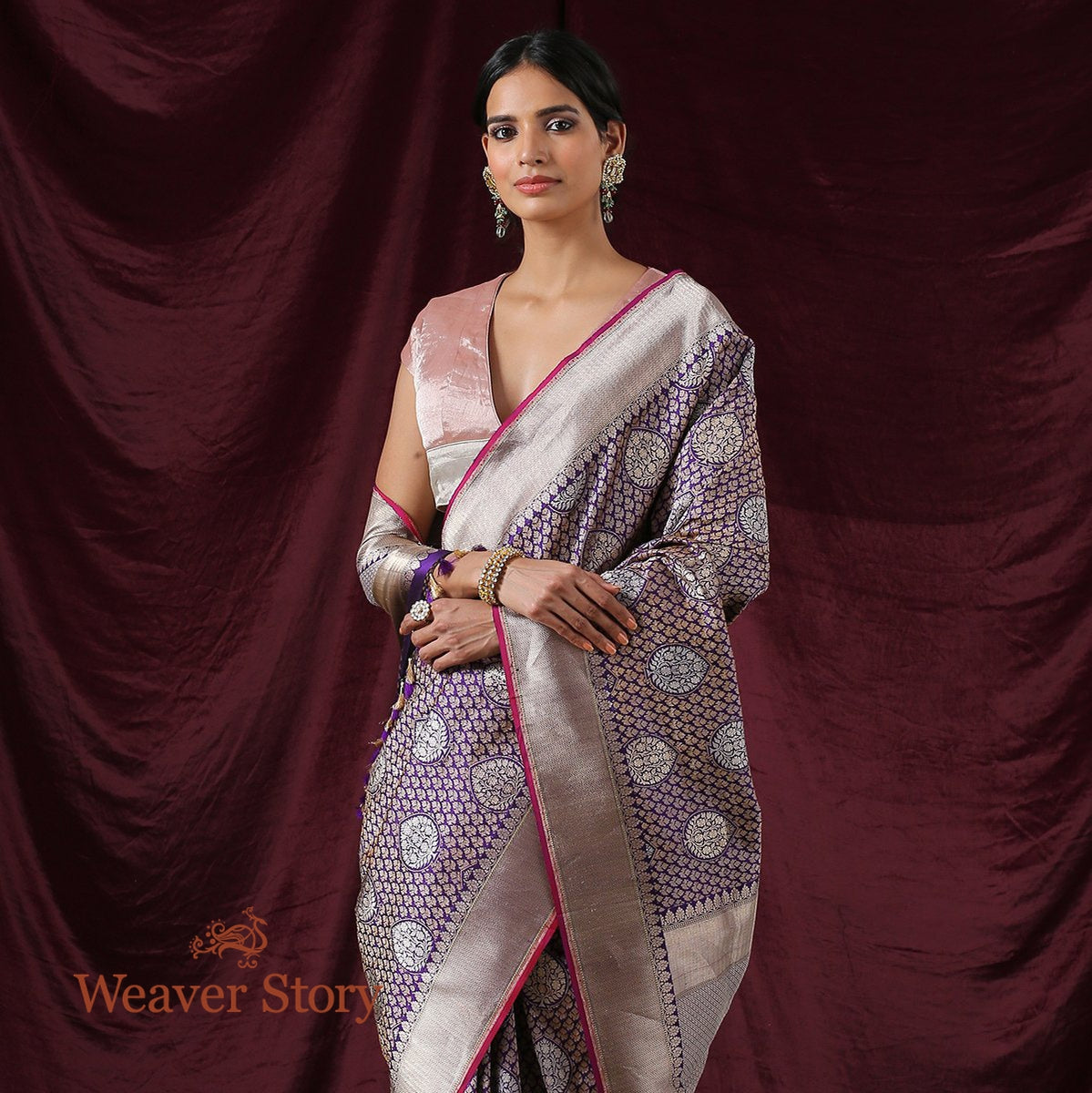Handloom_Purple_Kadhwa_Jangla_Saree_with_Wine_Selvedge_WeaverStory_01