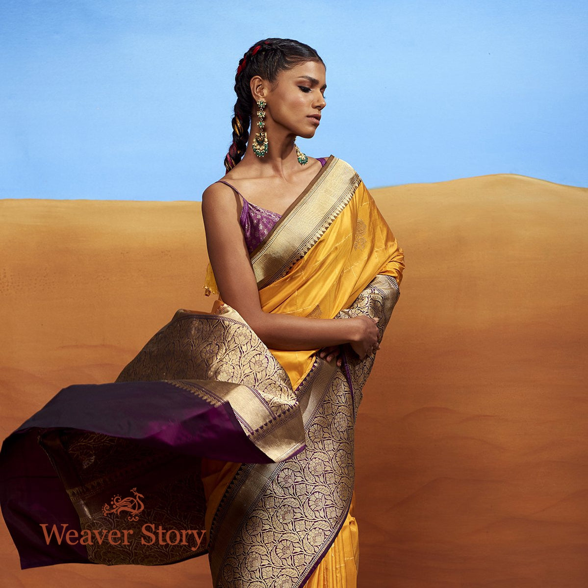 Handwoven_Yellow_Katan_Silk_Saree_with_Kadhiyal_Border_WeaverStory_01