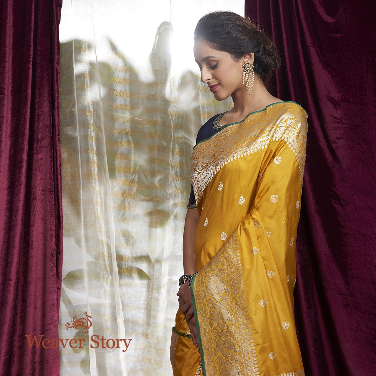 Handwoven_Yellow_Kadhwa_Boota_Saree_with_Silver_Zari_WeaverStory_01