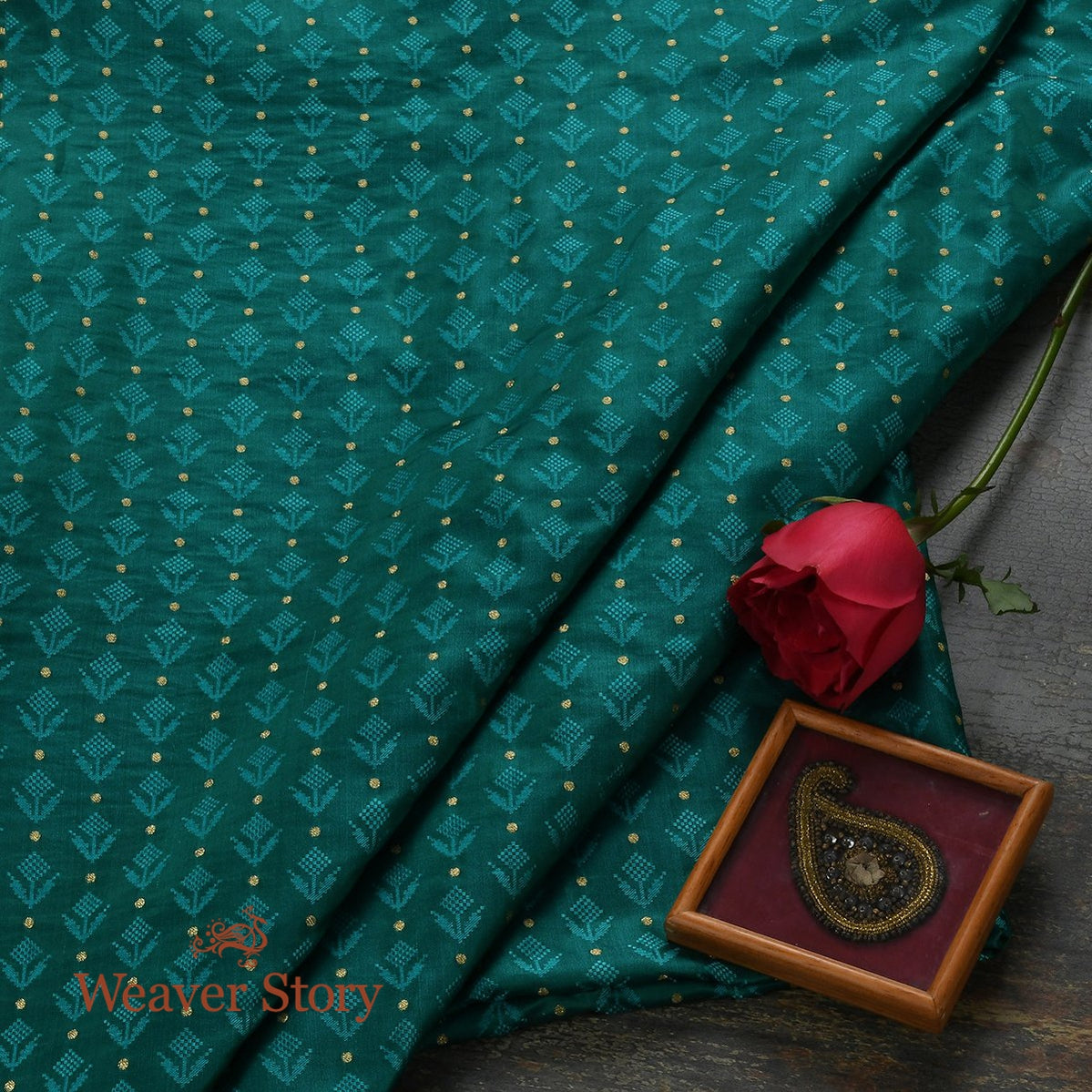 Handloom_Jade_Green_Tanchoi_Fabric_with_Zari_Booti_WeaverStory_01