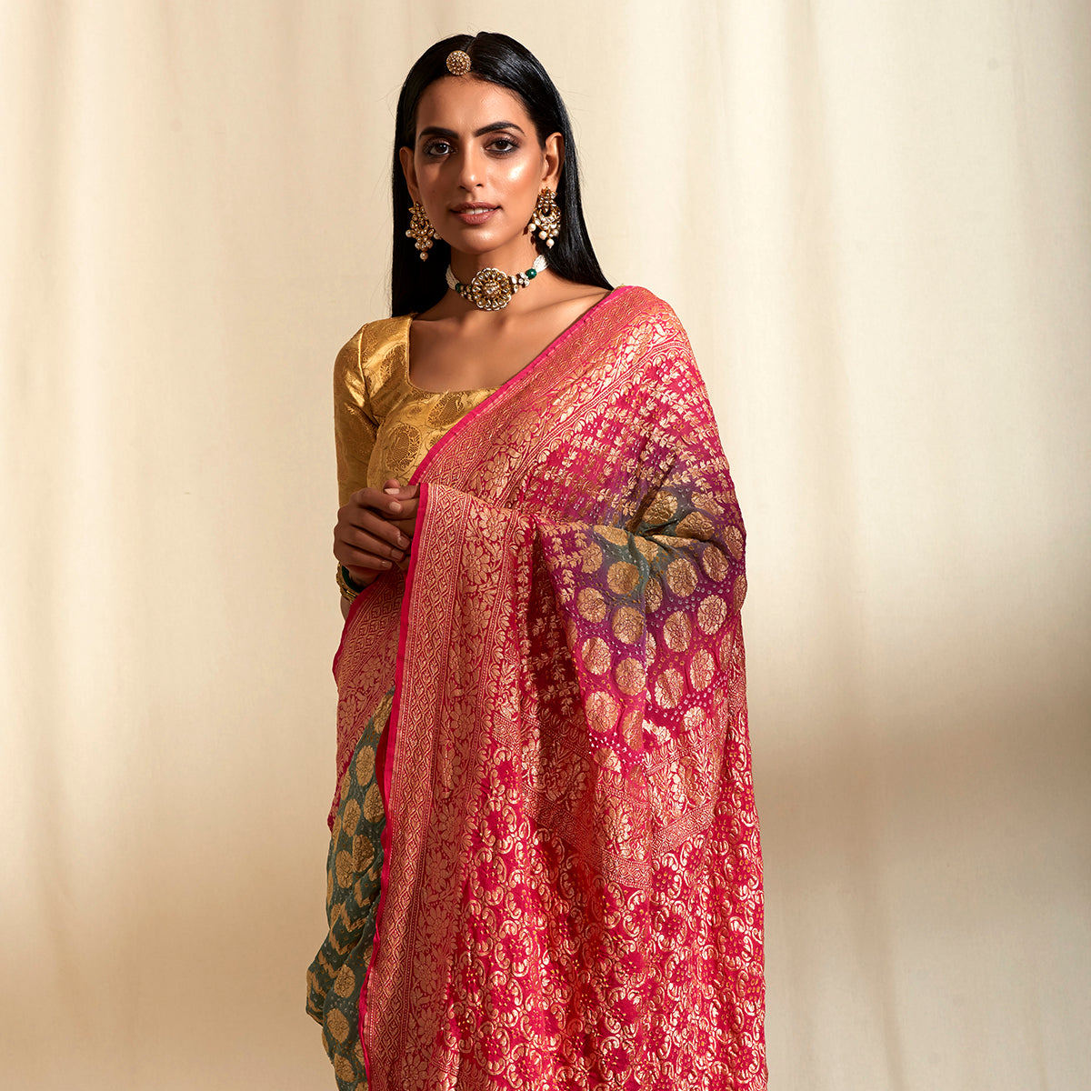Handwoven_Banarasi_Bandhej_Saree_in_Light_Green_and_Pink_ombre_dye_WeaverStory_01