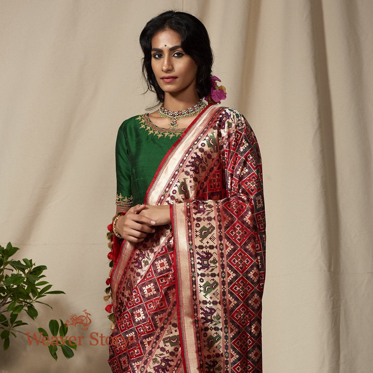 Handwoven_Red_and_Green_Meenakari_Banarasi_Patola_Saree_WeaverStory_01