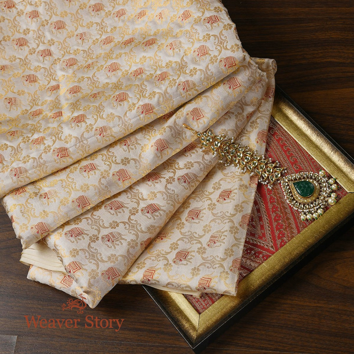 Handloom_Offwhite_Banarasi_Silk_Fabric_with_Small_Elephant_Motifs_WeaverStory_01