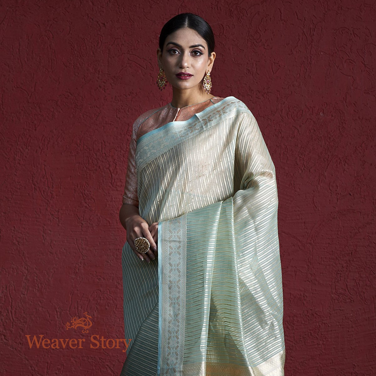 Handwoven_Light_Blue_Kora_Silk_Saree_with_Zari_Stripes_WeaverStory_01