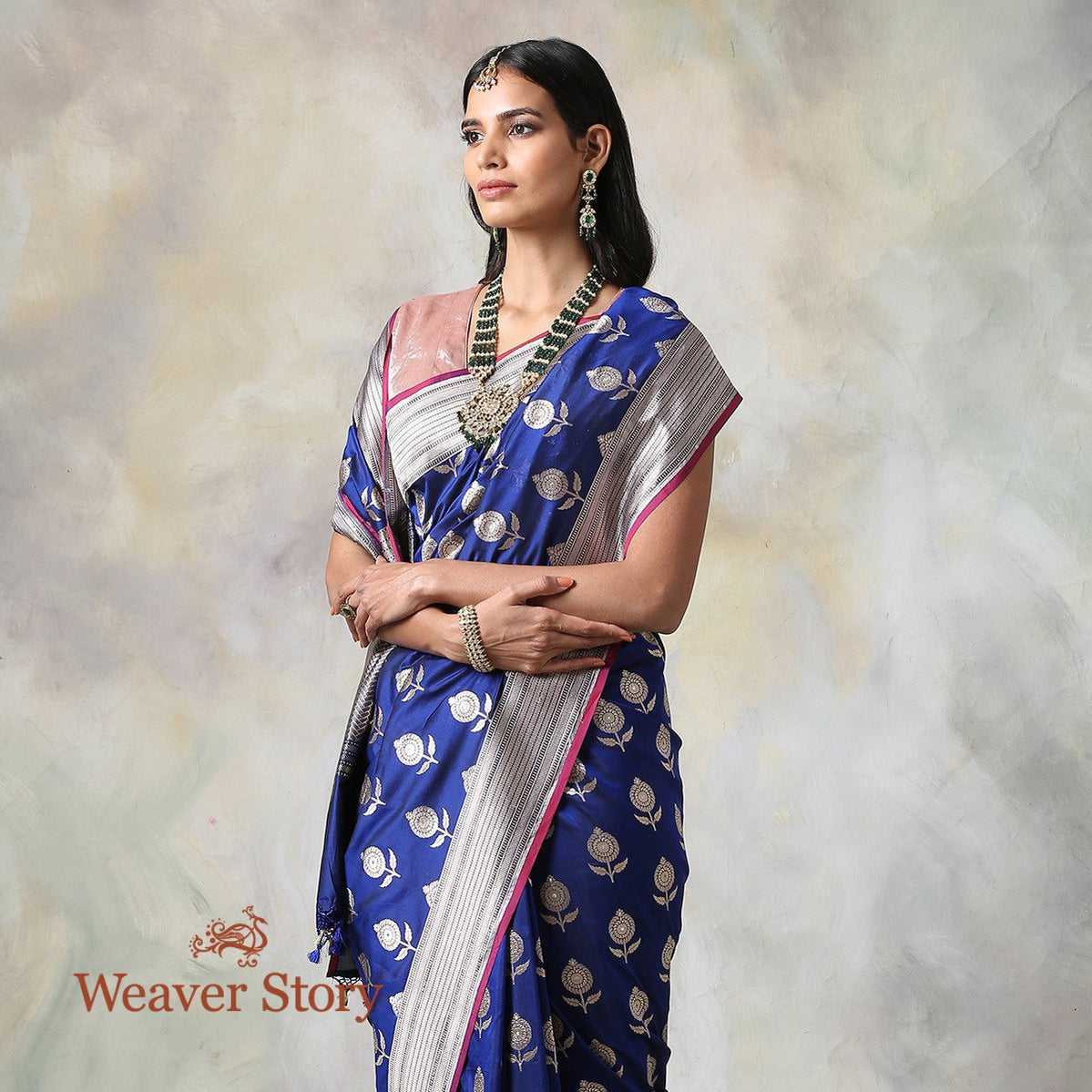 Handwoven_Blue_Katan_Silk_Saree_with_Floral_Booti_WeaverStory_01