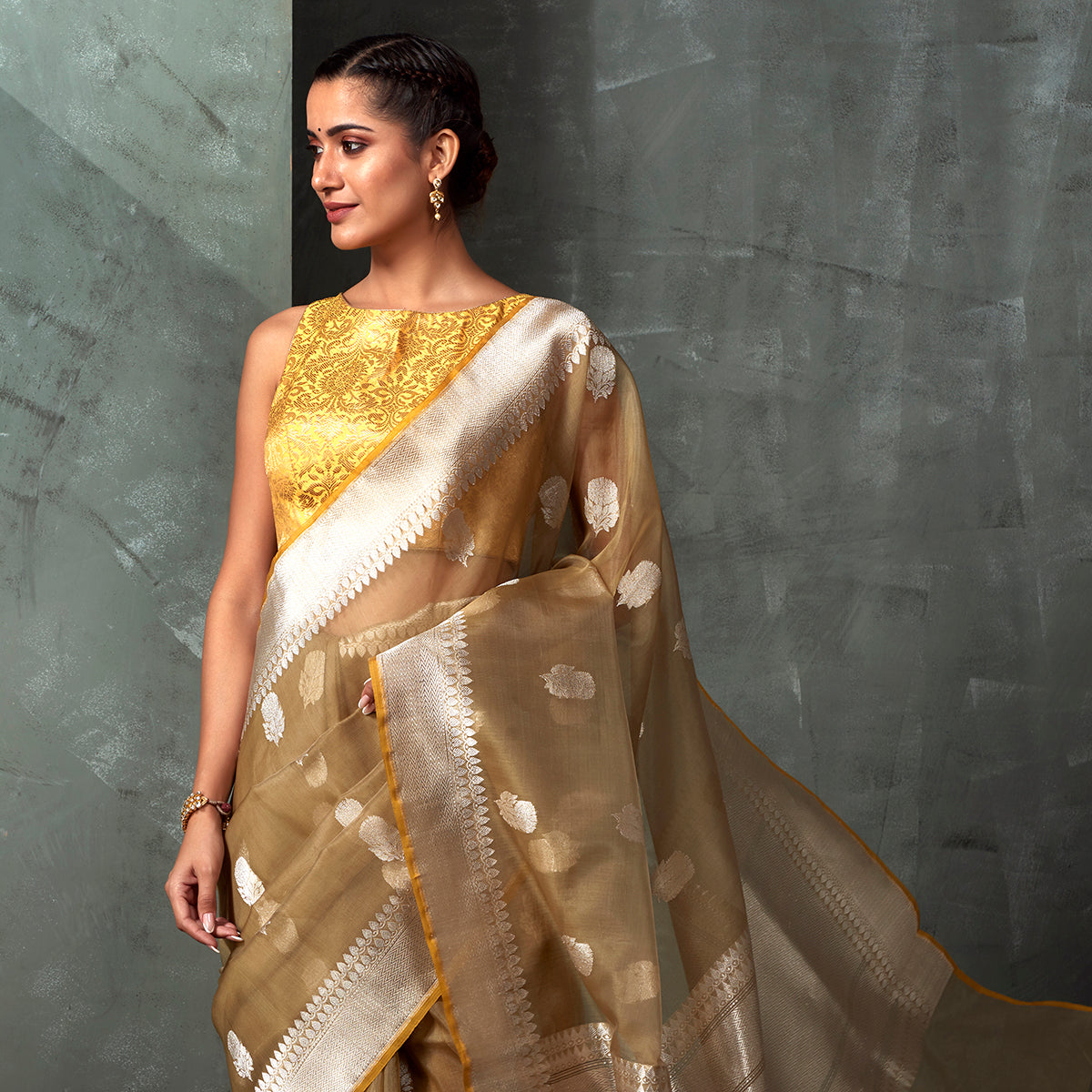 Handwoven_Brown_Kora_Silk_Saree_with_Kadhwa_Booti_And_Yellow_Selvedge_WeaverStory_01