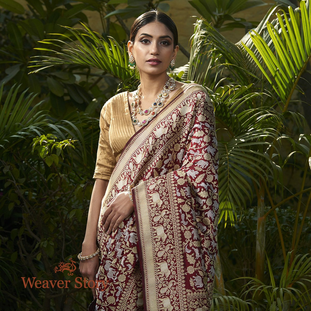 Handwoven_Maroon_Kadhwa_Shikargah_Saree_with_Silver_Zari_Border_WeaverStory_01