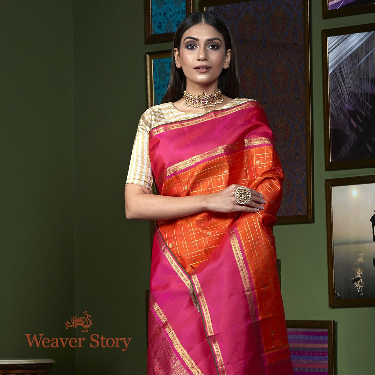 Handloom_Orange_Zari_Checks_Kanjivaram_Saree_WeaverStory_01