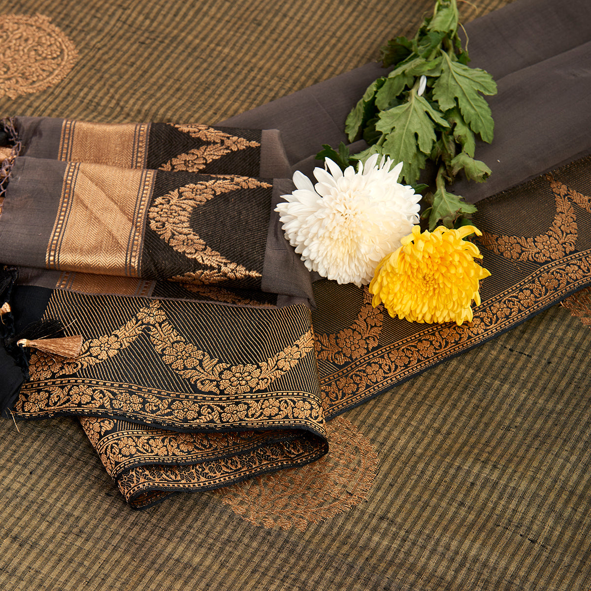 Handwoven_Black_Katan_Silk_Dupatta_With_Beige_Grey_Striped_Kurta_WeaverStory_01