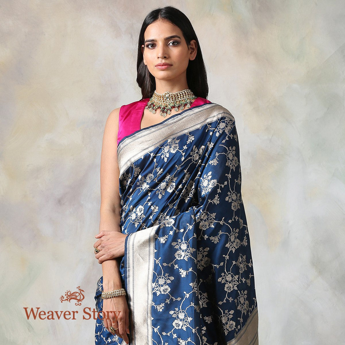 Handwoven_Blue_Katan_Silk_Saree_with_Cutwork_Jaal_WeaverStory_01
