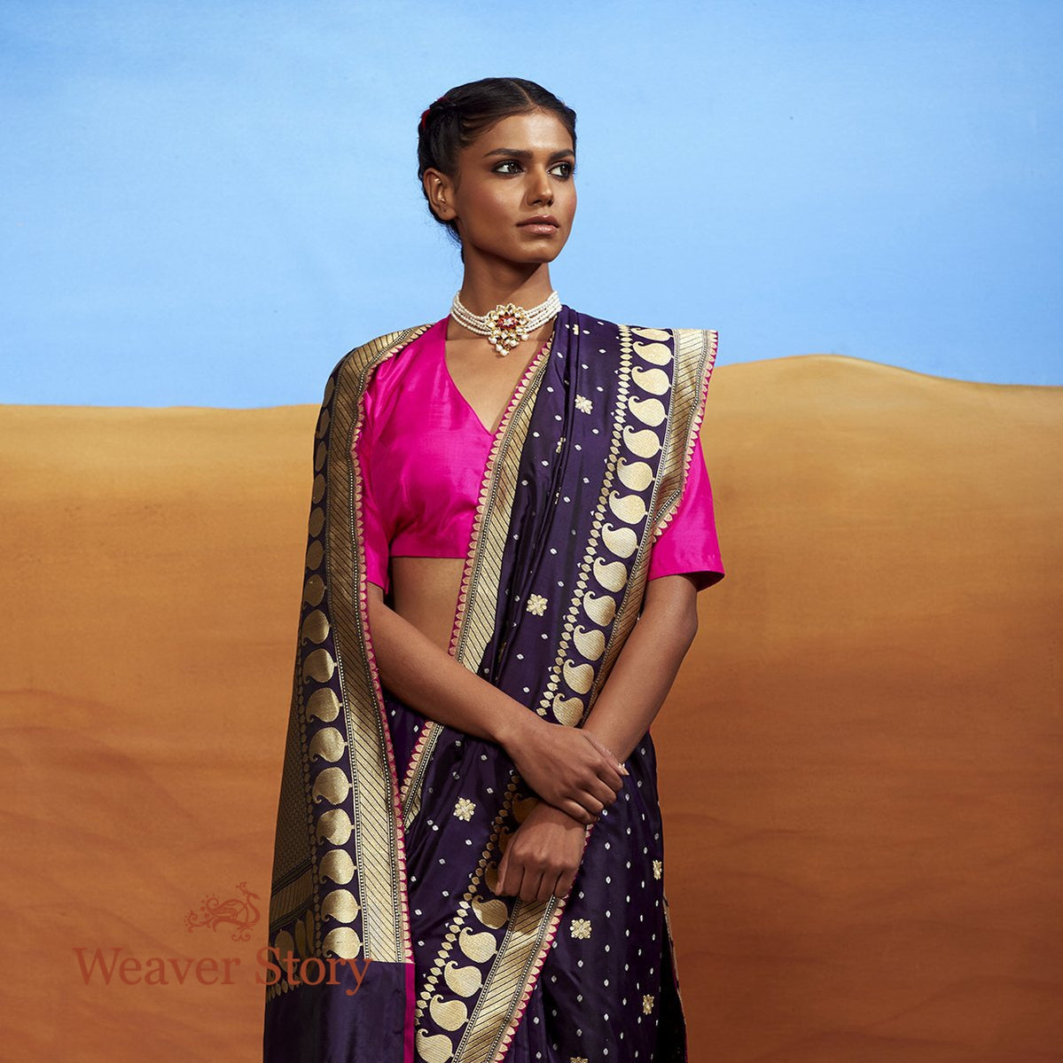 Handwoven_Purple_Booti_Saree_with_Paisley_Border_WeaverStory_01