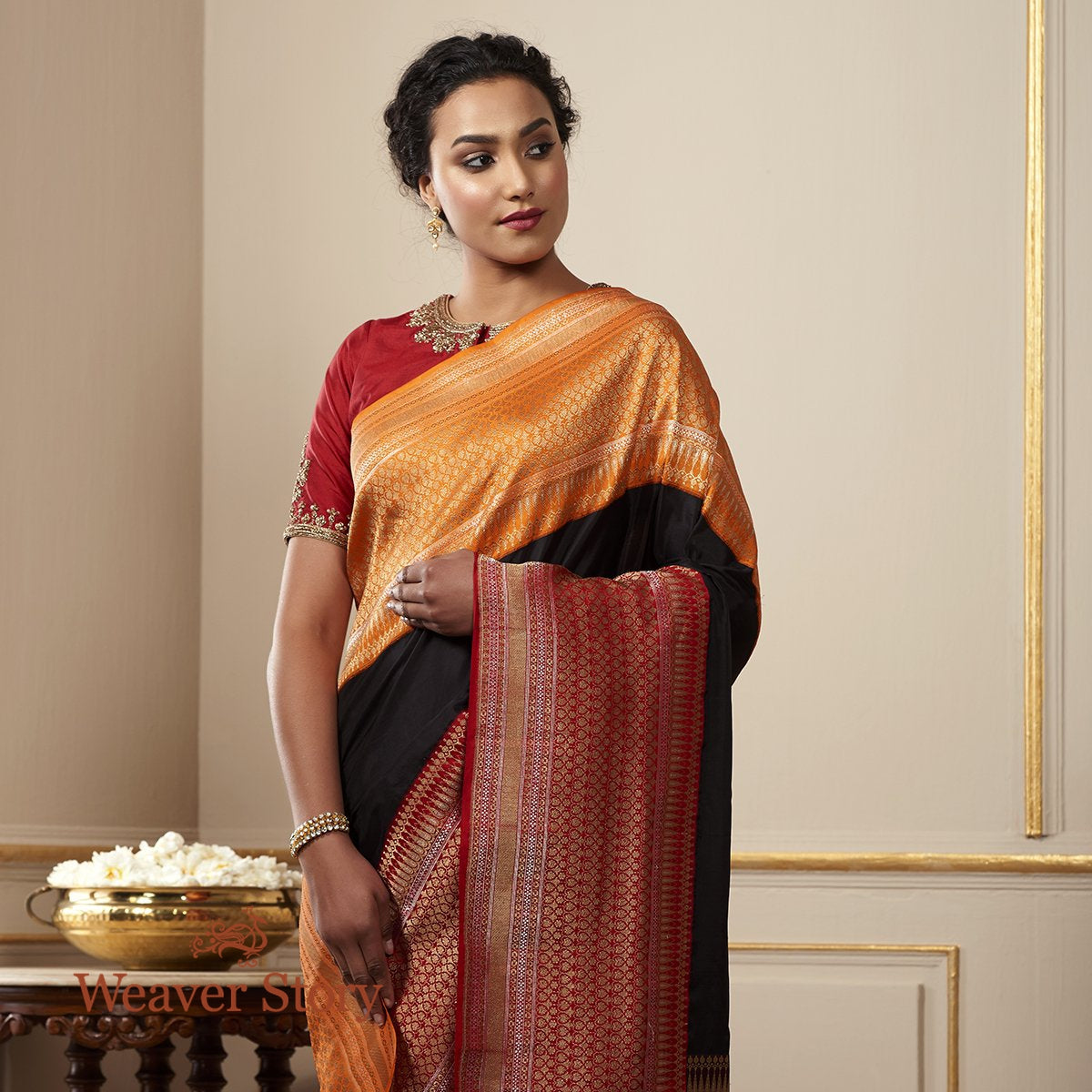 Handwoven_Black_Katan_Silk_Saree_with_Elaborate_Ganga_Jamuna_Border_In_Orange_and_Red_WeaverStory_01