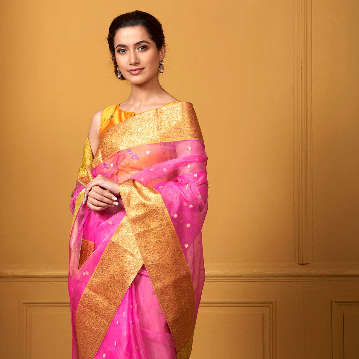 Handwoven_Pink_Kora_Katan_Chanderi_Saree_with_Mustard_Border_WeaverStory_01