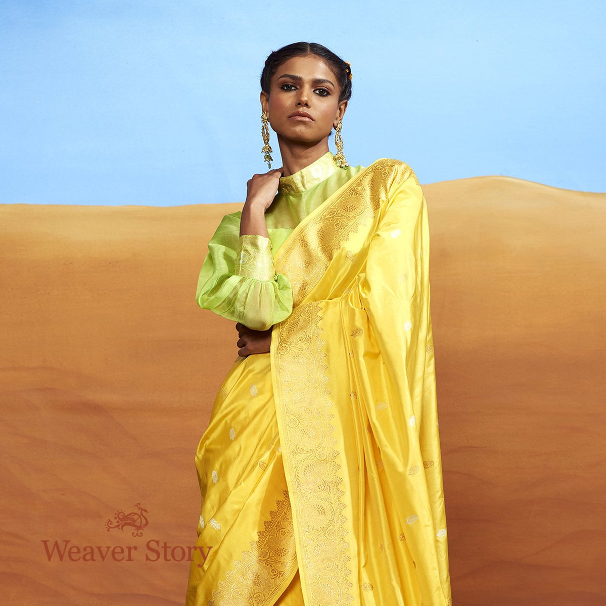 Handloom_Yellow_Kadhwa_Booti_Saree_WeaverStory_01