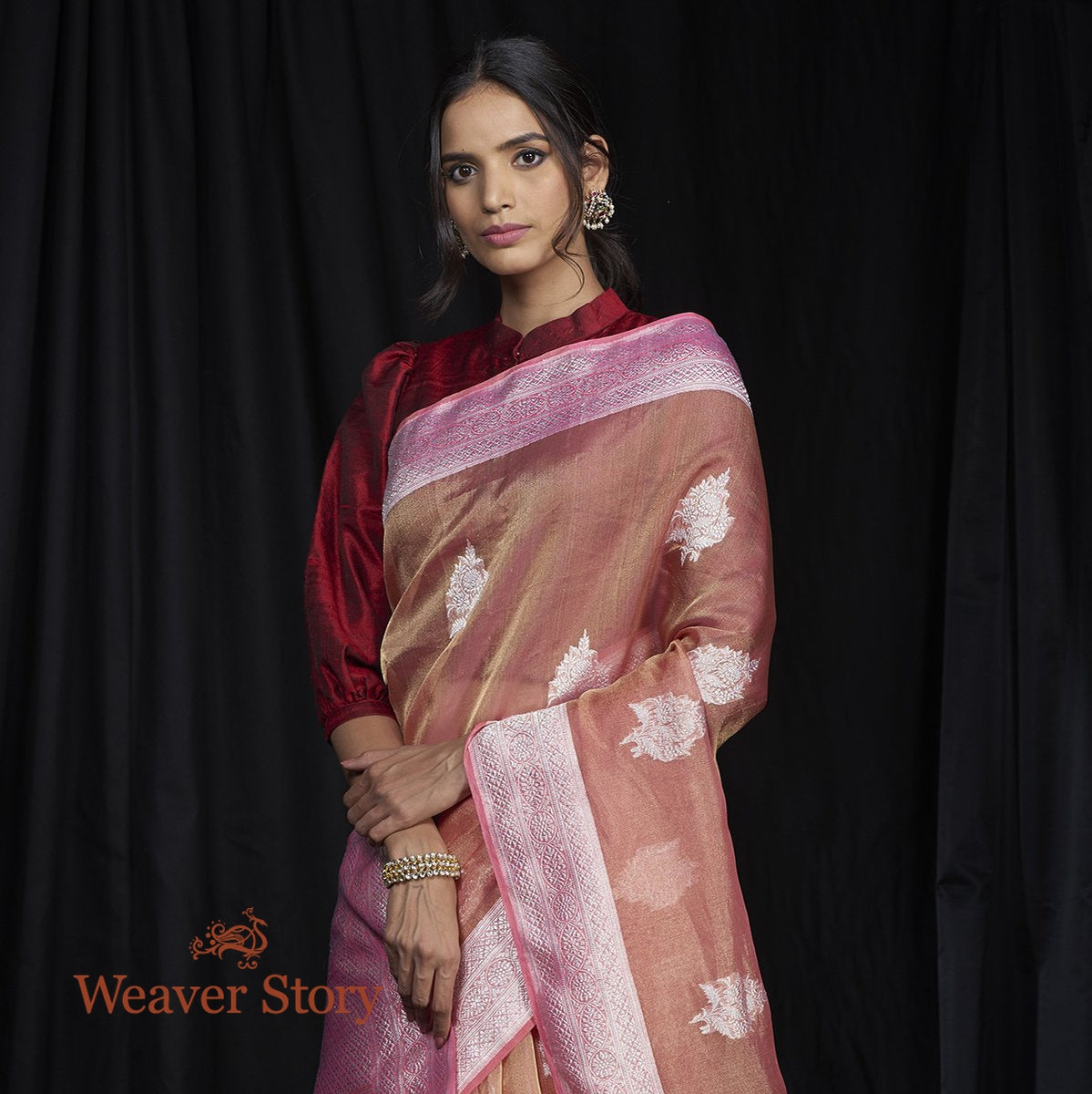 Handwoven_Peach_Pink_Tissue_Saree_with_Kadhwa_Boota_WeaverStory_01