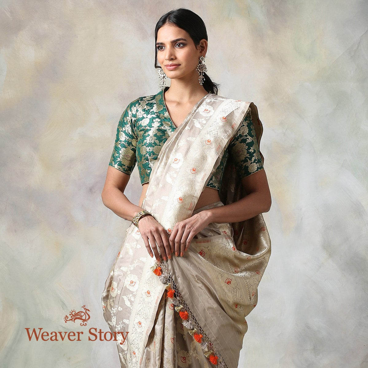 Handwoven_Beige_Grey_Cutwork_Jangla_Saree_with_Orange_Meenakari_WeaverStory_01