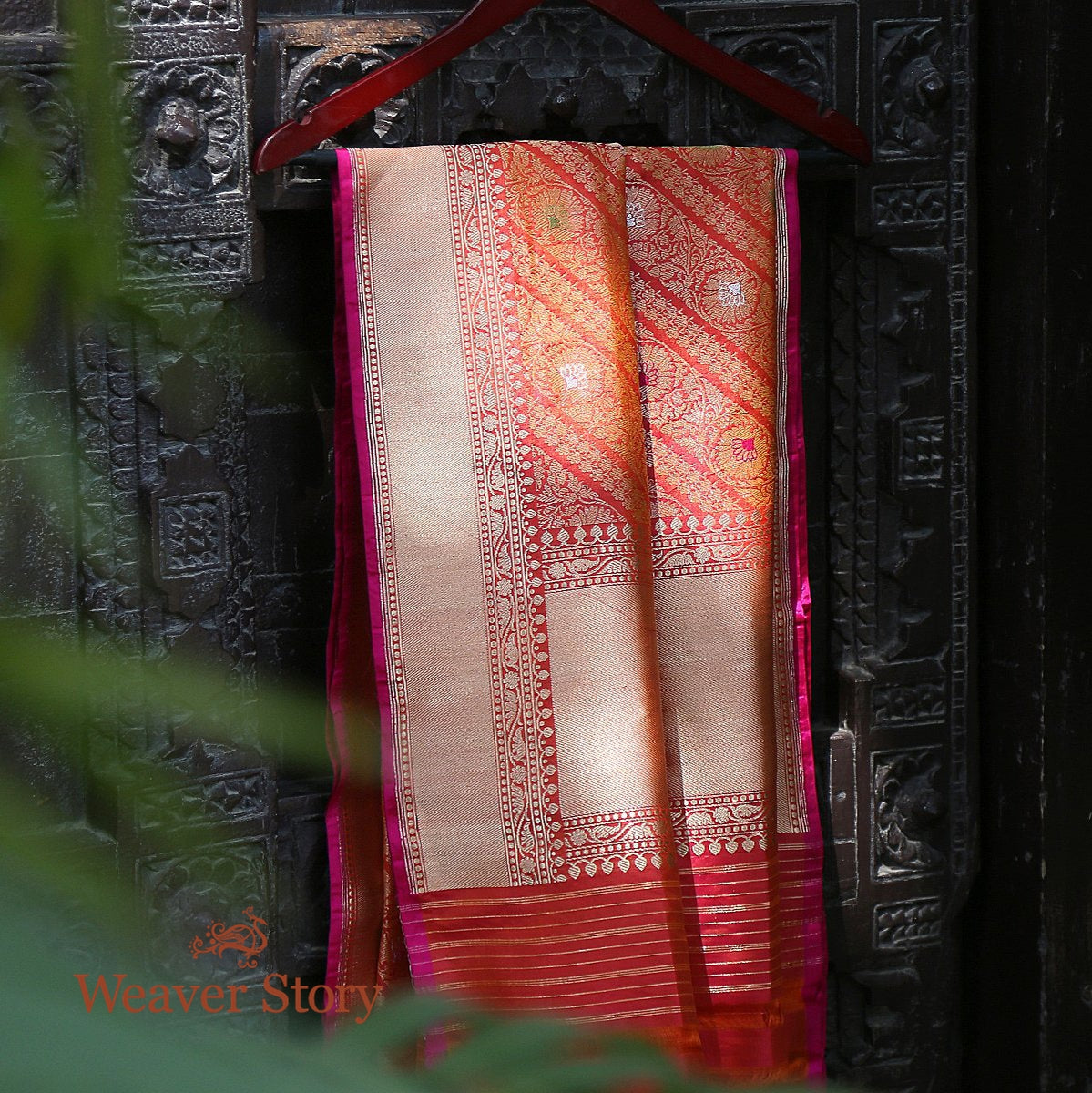 Handloom_Orange_and_Red_Kimkhab_Dupatta_with_Meenakari_WeaverStory_01