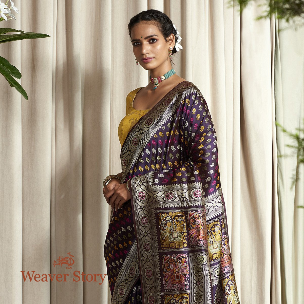 Handwoven_Banarasi_Baluchari_Saree_in_Dark_Purple_with_Elephant_Pallu_WeaverStory_01