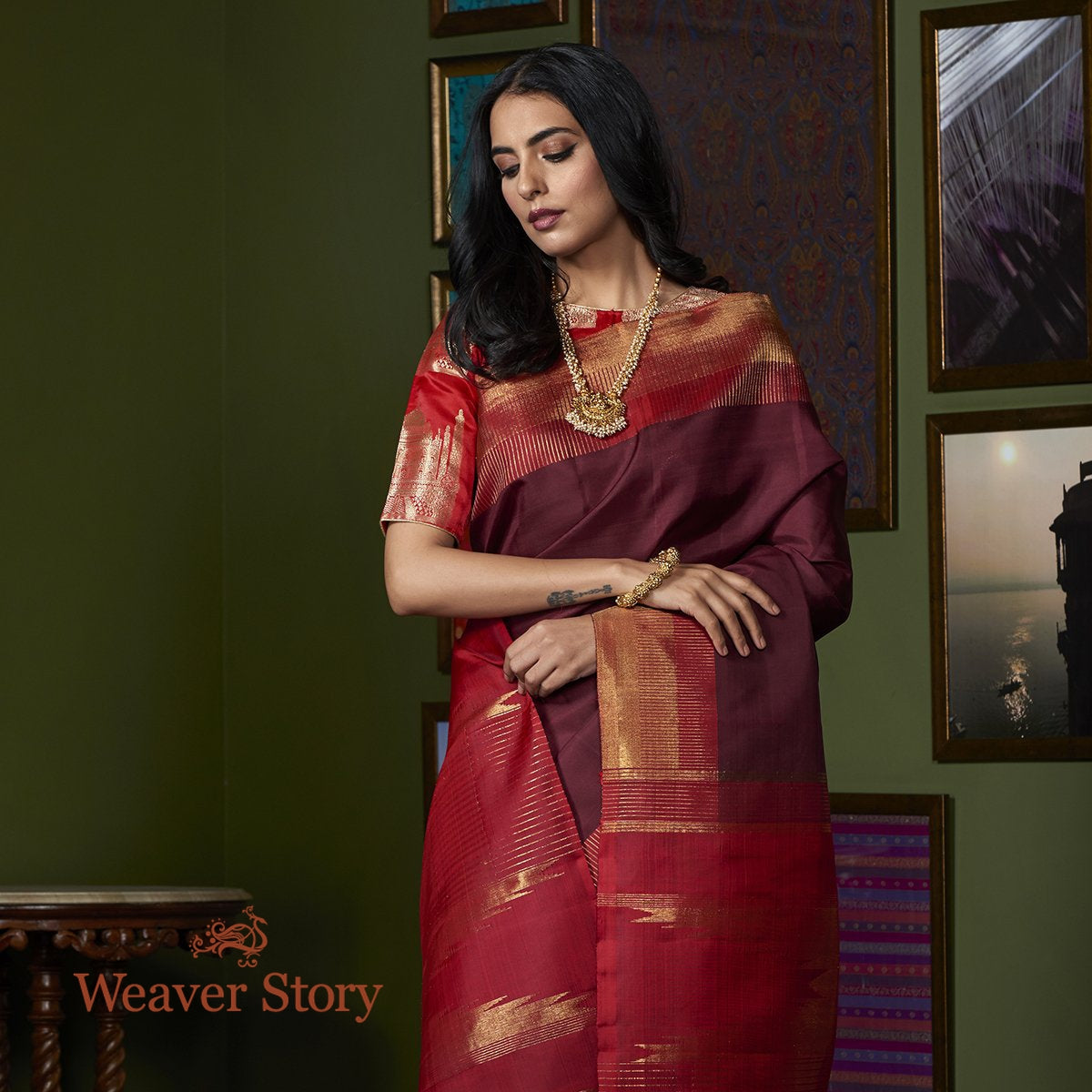 Handwoven_Wine_Kanjivaram_Silk_Saree_with_Red_Border_WeaverStory_01