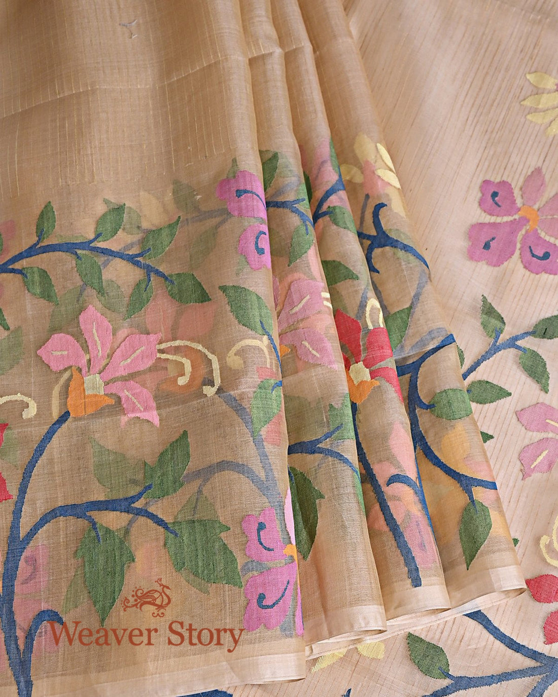 Handwoven_Beige_Brown_Silk_Muslin_Jamdani_Saree_with_Floral_Pallu_and_Self_Stripes_WeaverStory_02